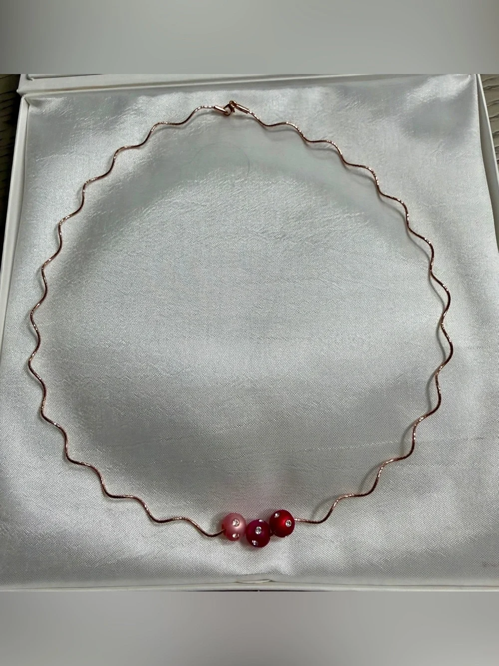 Women’s 14k Rose Gold 18” Wave Necklace with Pink Swarovski Bead Accents - Picture 4 of 7